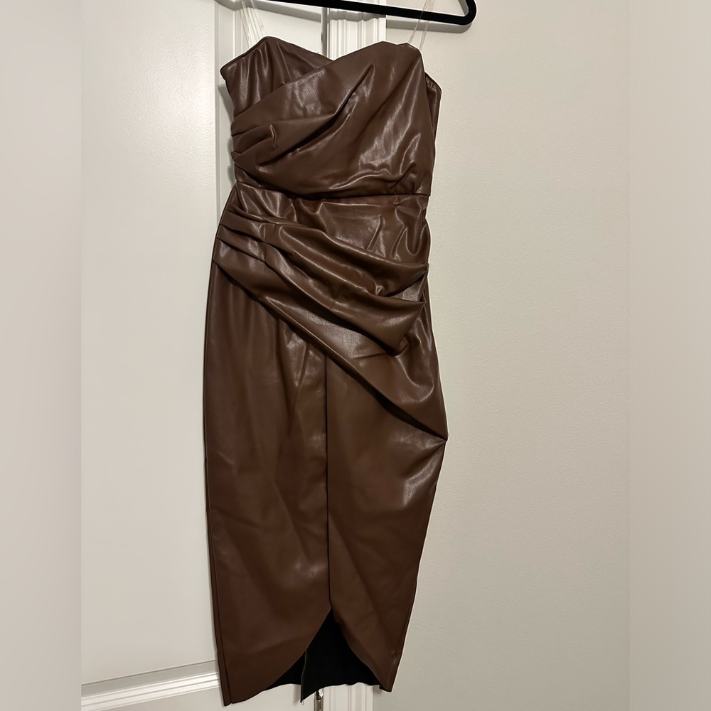 Strapless faux leather cocktail dress chocolate brown